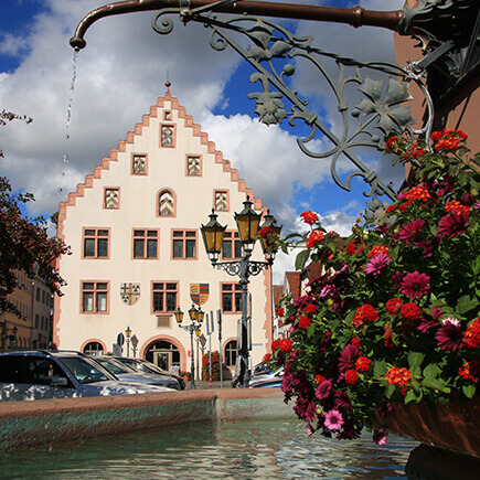Blick vom Brunnen auf dem Hans-Heinrich-Ehrler Platz auf das alte Rathaus in Bad Mergentheim.